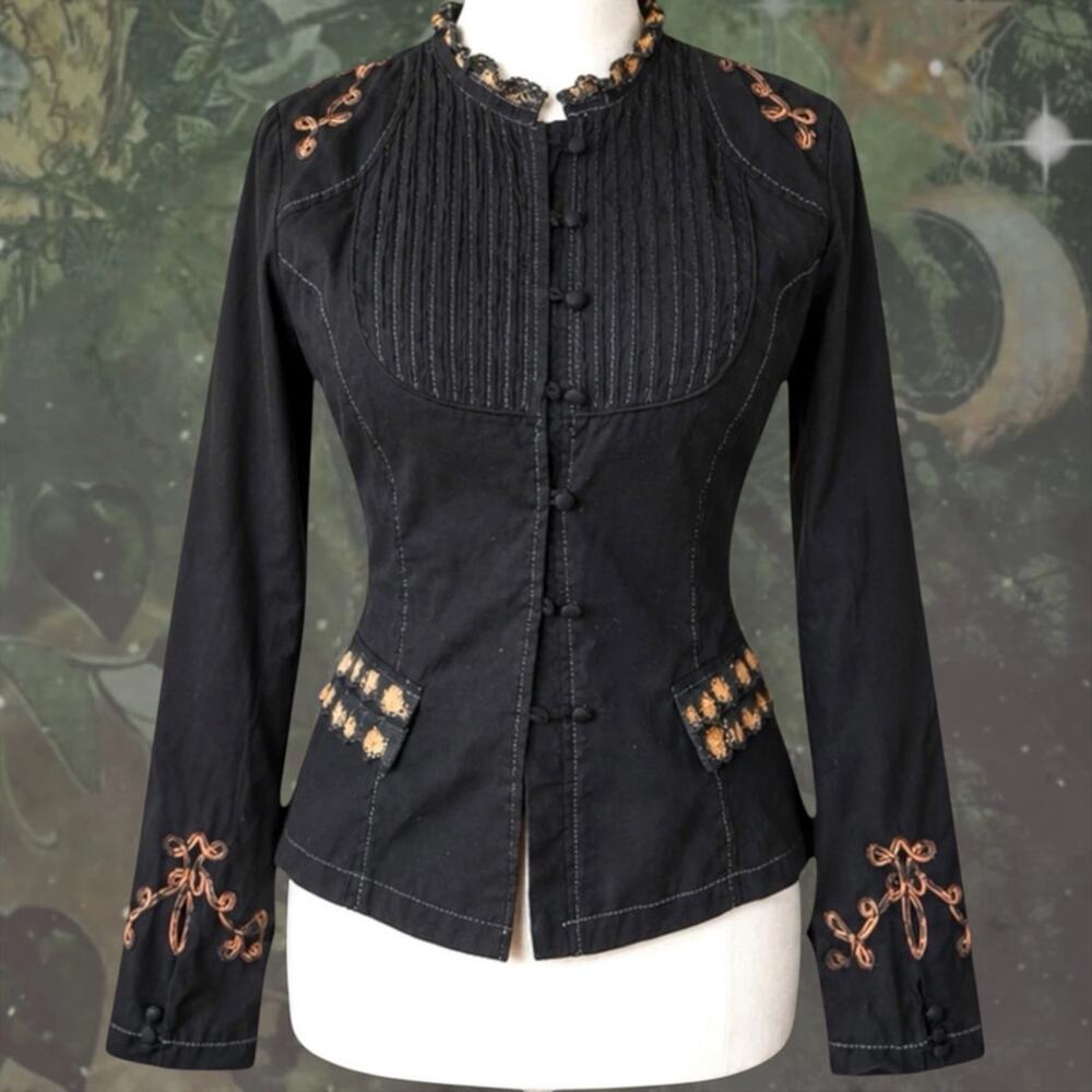 Black Corset Jacket Copper Embroidery Lace Ruffle Victorian Goth